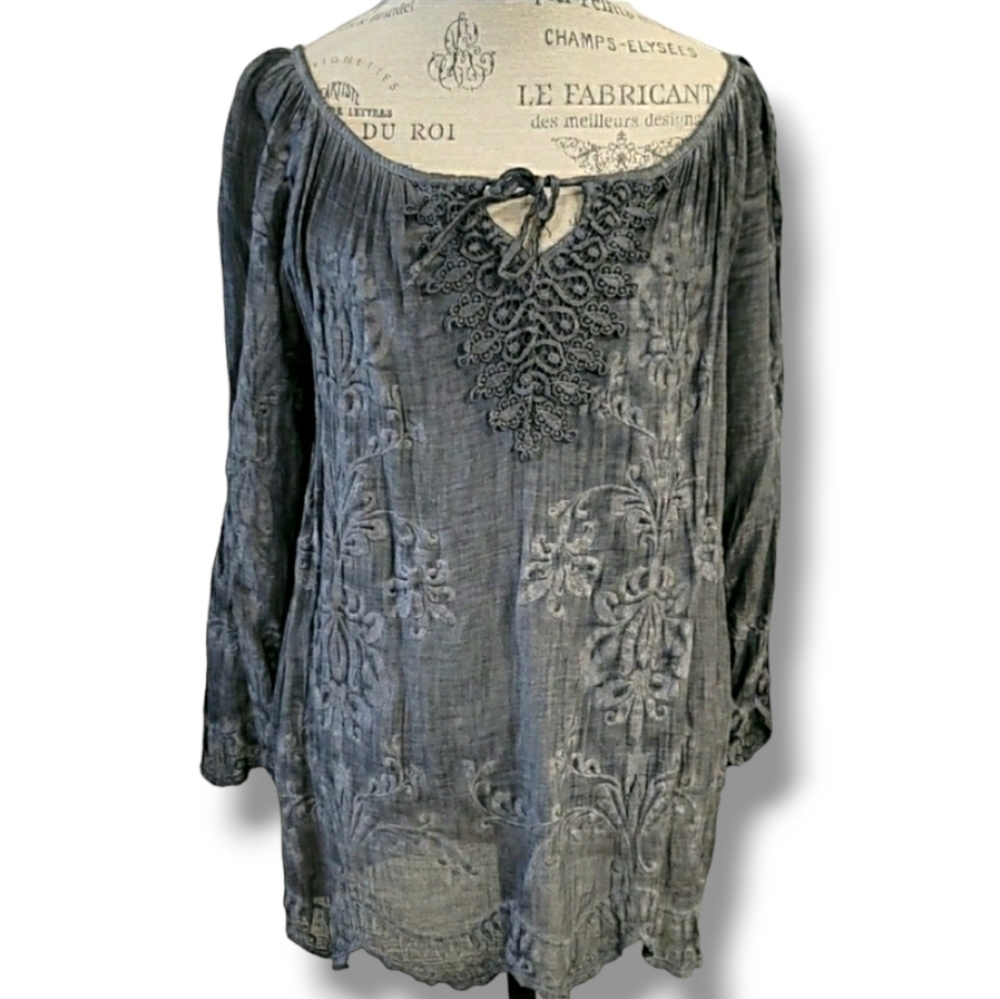Made in Italy Gray 100% Cotton Embroidered Distressed Tunic - Size Small